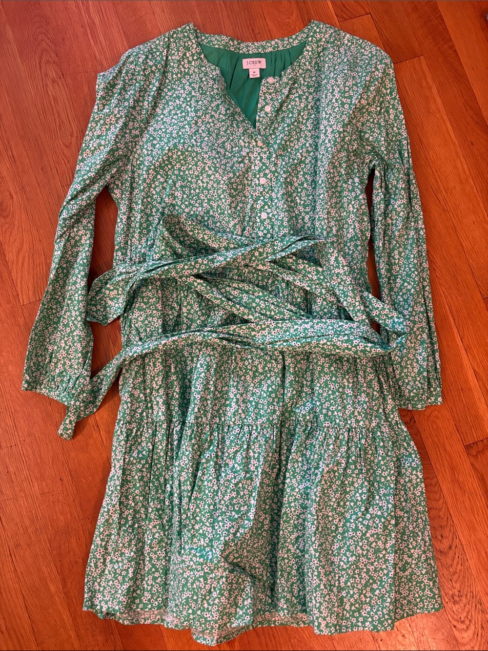 J. Crew Green Floral Long-Sleeve Wrap Dress
